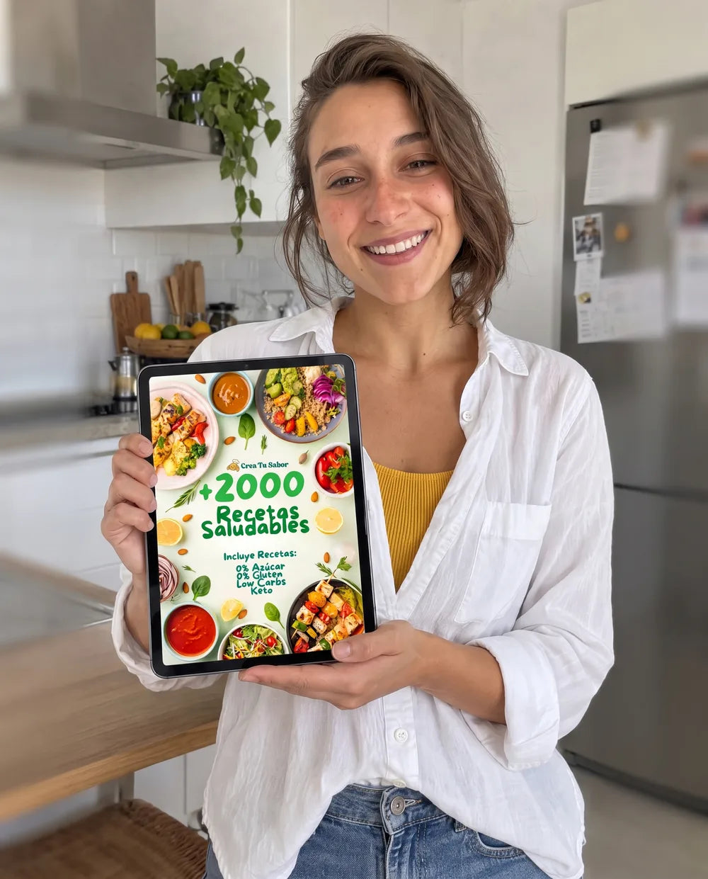 Irene, de CreaTuSabor, con un recetario en la tableta