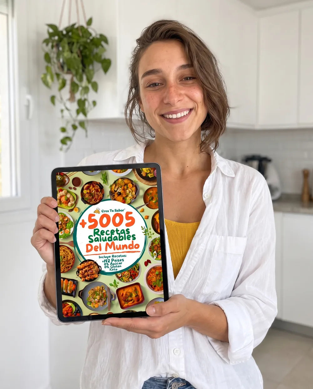 Irene, de CreaTuSabor, sujeta 5005 recetas saludables en una tableta