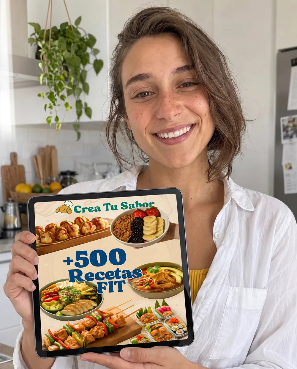 Irene, de CreaTuSabor, sujeta 500 recetas fit en una tableta